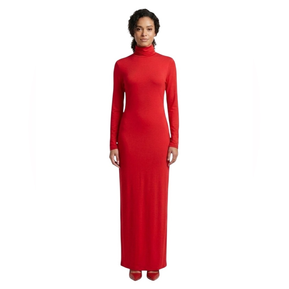 Red Turtleneck Maxi Dress - Elegant Long Sleeve